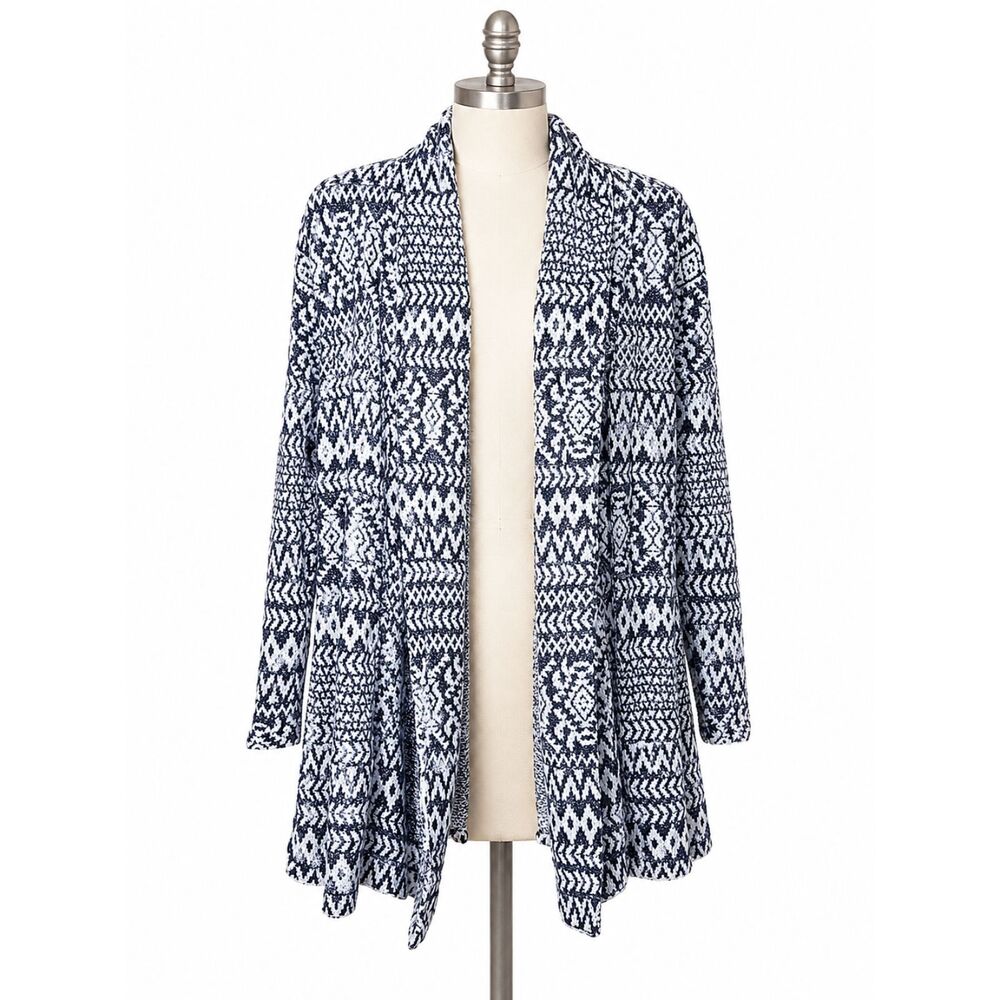 Retrology Small Open Front Cardigan Black White Aztec‎ Waterfall Sweater